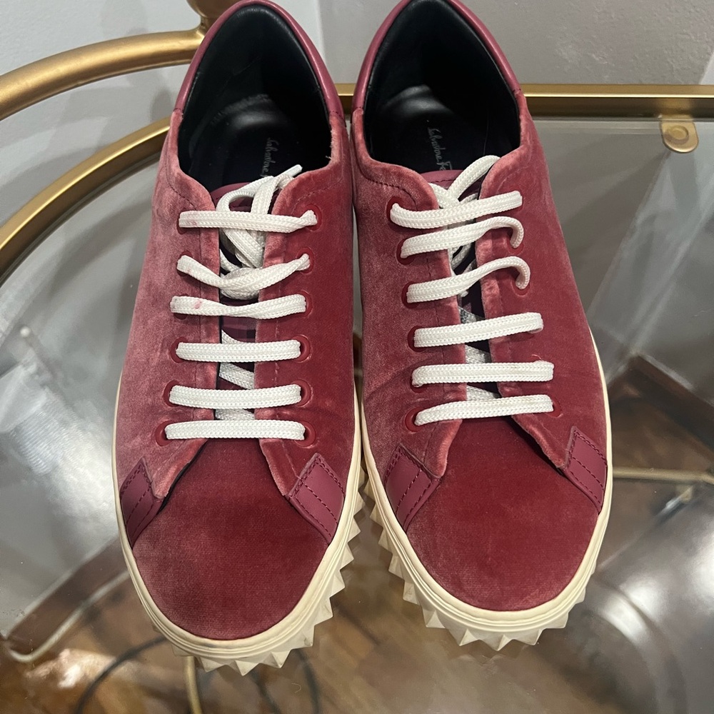 Salvatore Ferragamo Red Velvet Sneakers, like new with dust bag Size 7.5